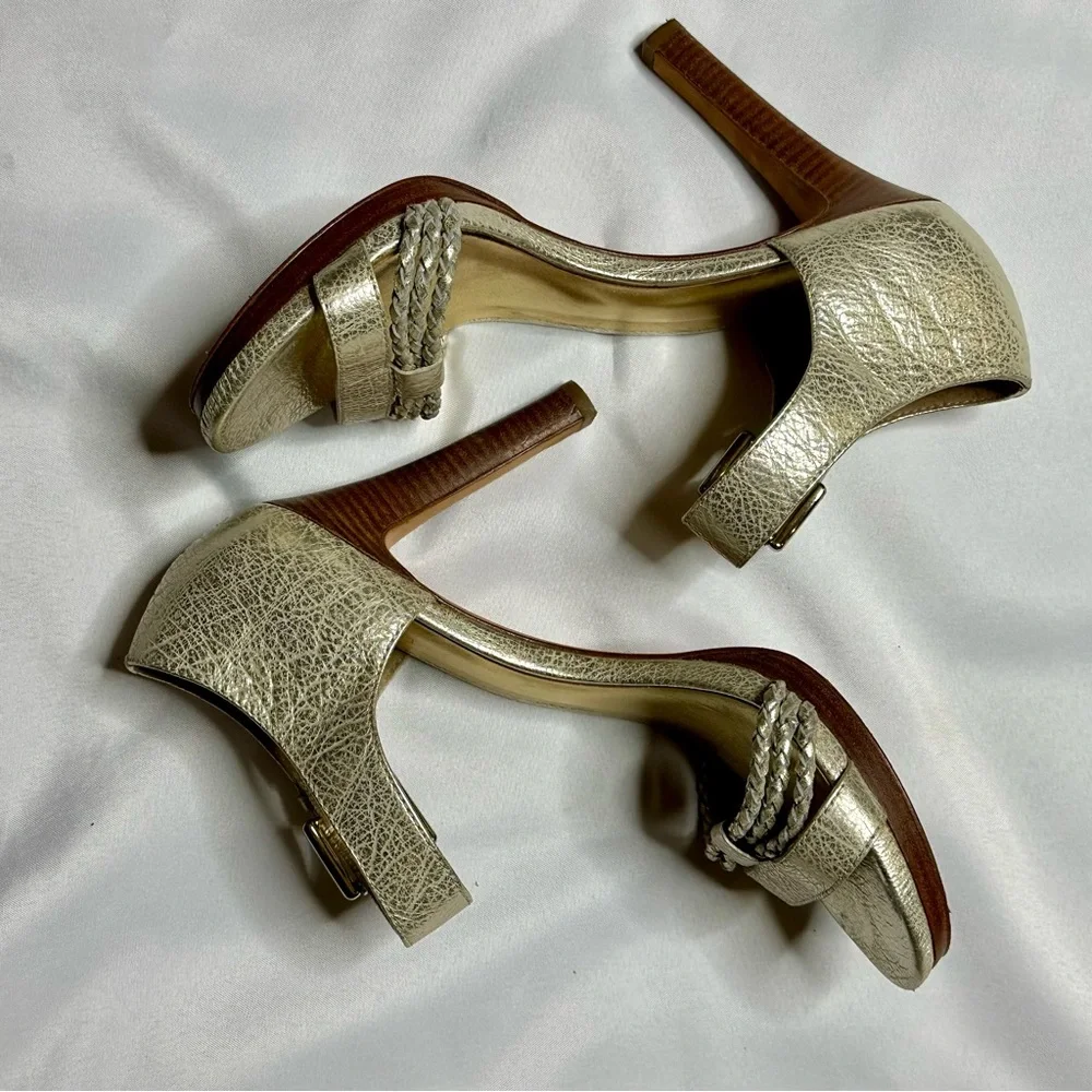 Coach Metallic Gold Braided Ankle-Strap Stack Heels Sz 10 - Picture 8 of 10